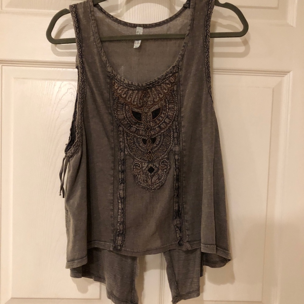 RARE Free People beaded embroidered split back top